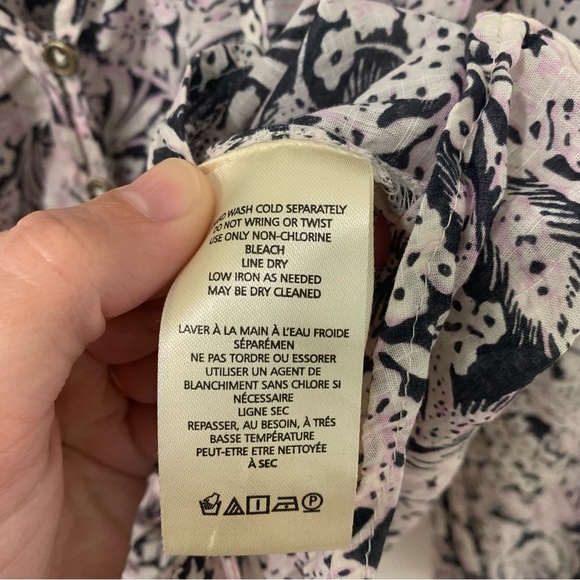 By Anthropologie Button Up Peasant Blouse XSmall Black Floral Puff Sleeve V-Neck - Picture 7 of 12